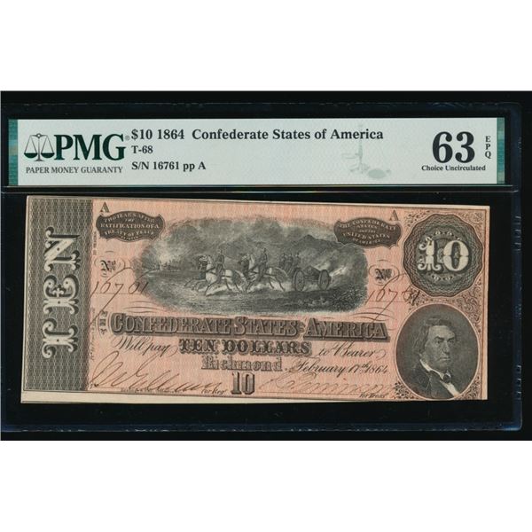 1864 $10 T-68 Confederate PMG 63EPQ