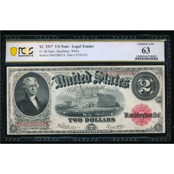 1917 $2 Legal Tender Note PCGS 63