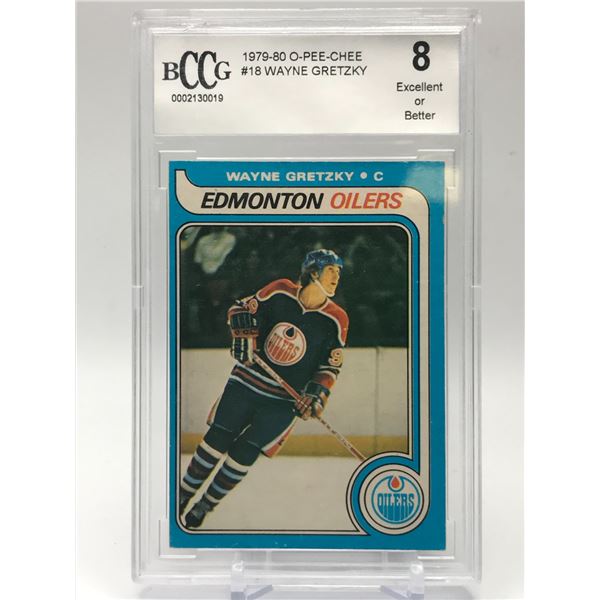 1979 0-PEE-CHEE #18 WAYNE GRETZKY ROOKIE CARD BCCG  GRADED 8 (1ST PRINT BLUE LINE)