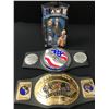 Image 1 : LOT OF 2  WWE WRESTLING REPLICA CHAMPIONSHIP BELTS AND 1 FIGURE