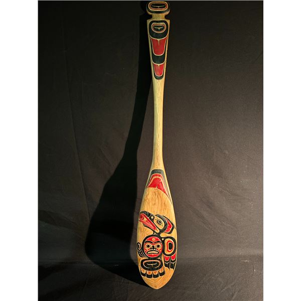 BEAUTIFULLY CARVED AND PAINTED DOUBLE SIDED THUNDERBIRD PADDLE BY XUUJ STAANG (BEAR PAW) 49" LONG