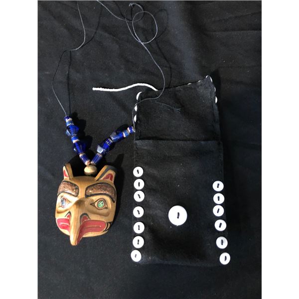 FIRST NATIONS WOODEN MASK PENDANT BEADED NECKLACE