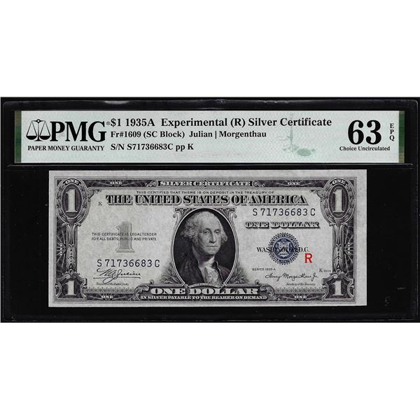 1935A $1 Experimental "R" Silver Certificate Note Fr.1609 PMG Ch. Uncirculated 63EPQ