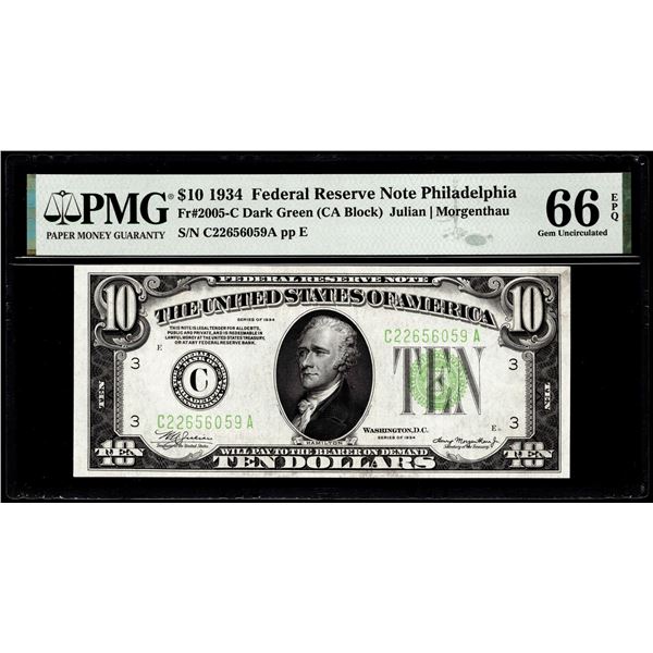 1934 $10 Federal Reserve Note Philadelphia Fr.2005-C PMG Gem Uncirculated 66EPQ