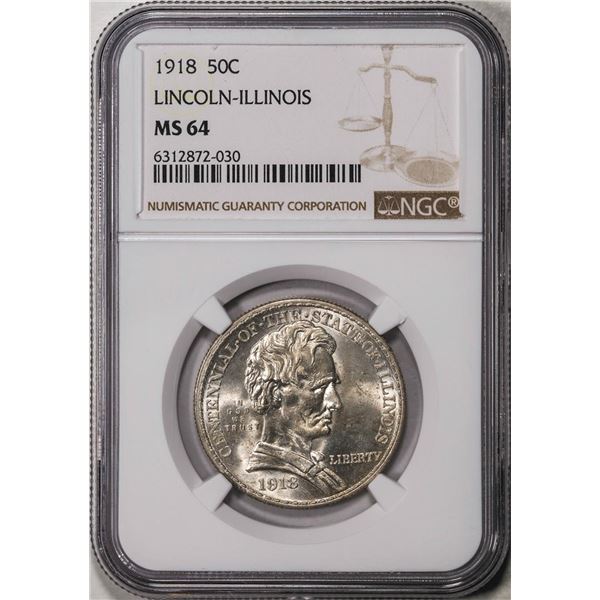 1918 Lincoln-Illinois Commemorative Half Dollar Coin NGC MS64