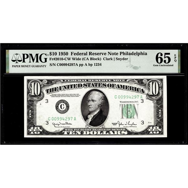 1950 $10 Federal Reserve Note Philadelphia Fr.2010-CW PMG Gem Uncirculated 65EPQ