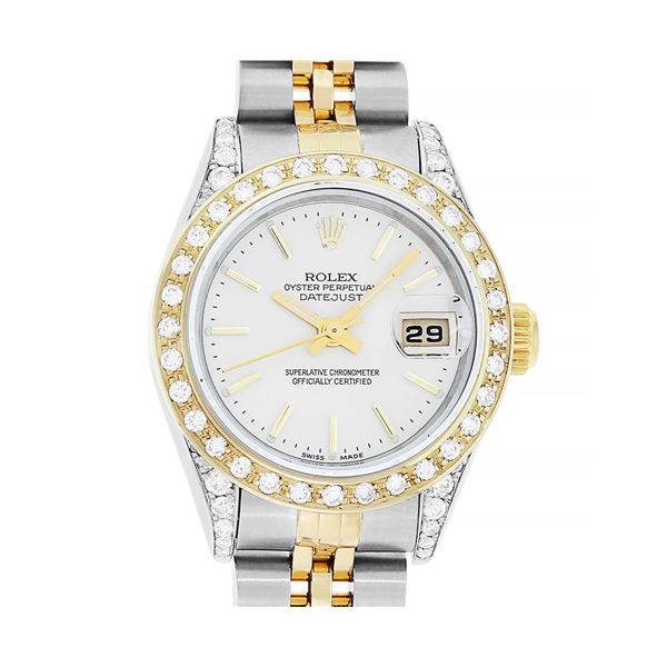 Rolex Ladies Two Tone Silver Index Dial Diamond Datejust Wristwatch