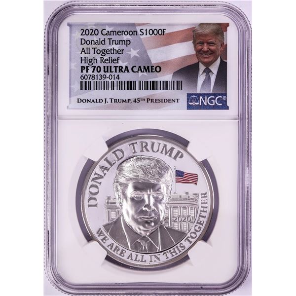 2020 Cameroon 1000 Francs High Relief Donald Trump Silver Coin NGC PF70 Ultra Cameo