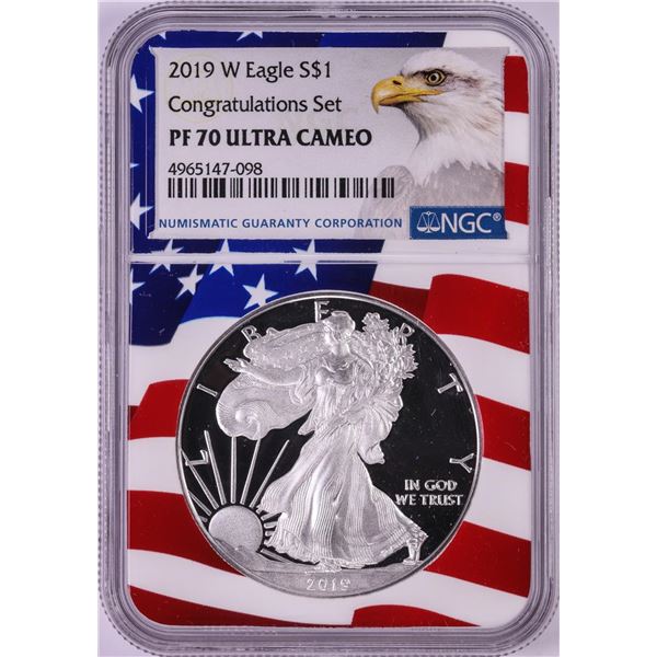 2019-W $1 Proof American Silver Eagle Coin NGC PF70 Ultra Cameo Congratulations Flag