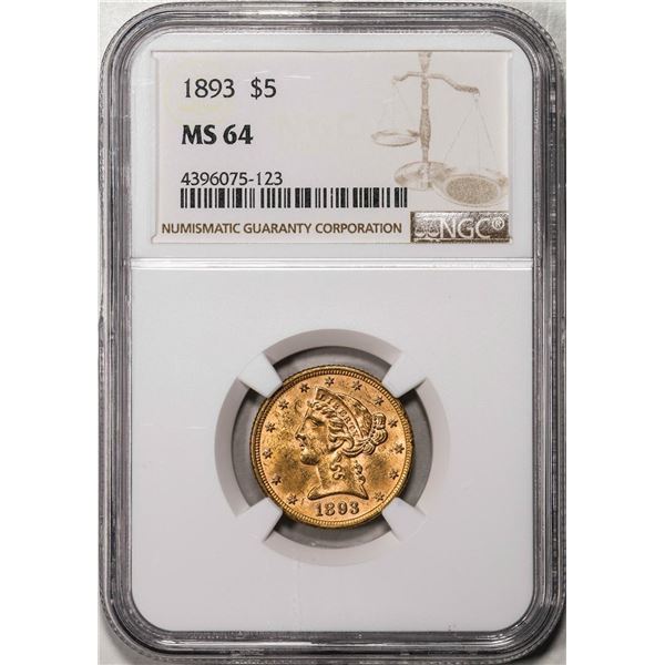 1893 $5 Liberty Head Half Eagle Gold Coin NGC MS64