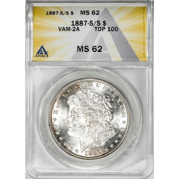 1887-S/S VAM-2A Top 100 $1 Morgan Silver Dollar Coin ANACS MS62