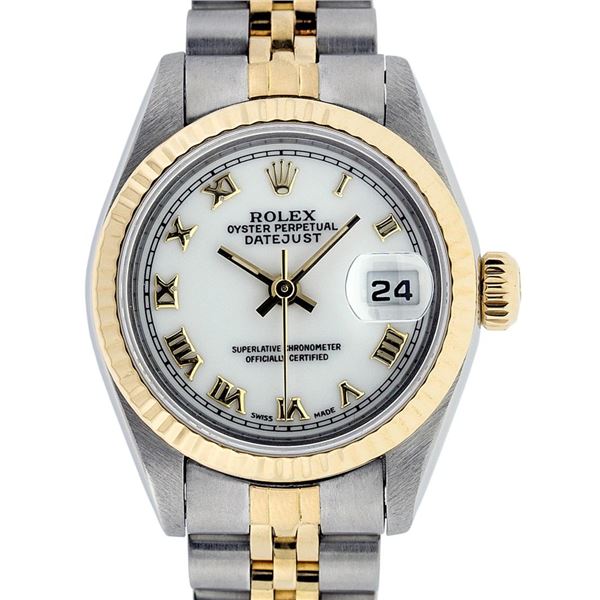 Rolex Ladies Two Tone White Roman Datejust Wristwatch