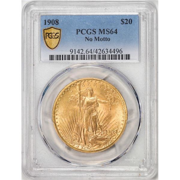 1908 No Motto $20 St. Gaudens Double Eagle Gold Coin PCGS MS64