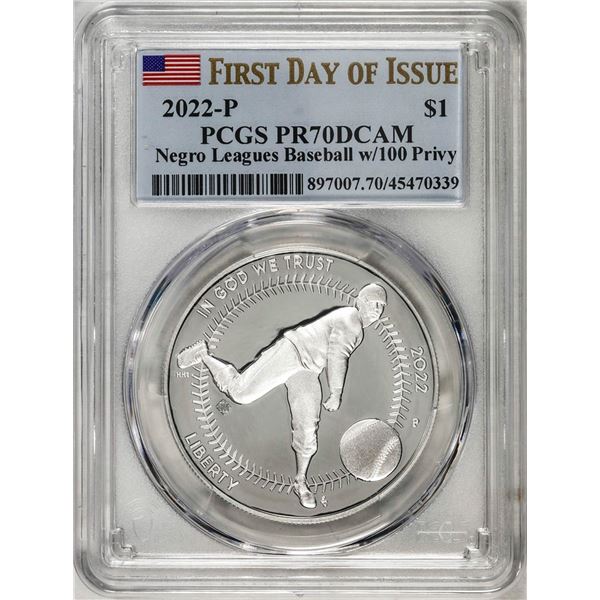 2022-P $1 Proof Negro Leagues Baseball Silver Dollar Coin PCGS PR70DCAM FDOI