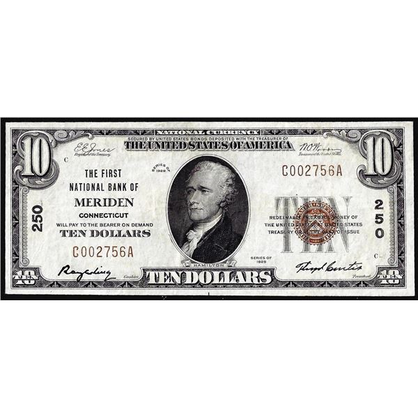 1929 $10 The First National Bank of Meriden, CT CH# 250 National Currency Note