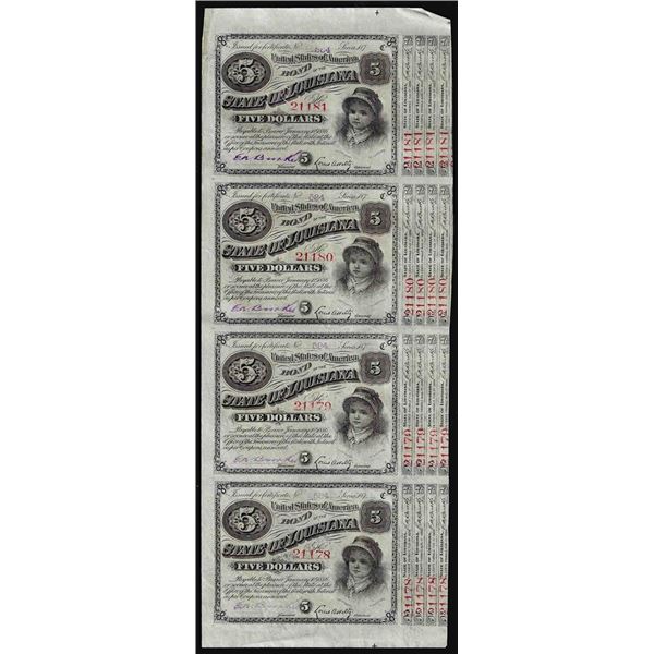 Uncut Sheet of (4) State of Louisiana Baby Bond Obsolete Notes