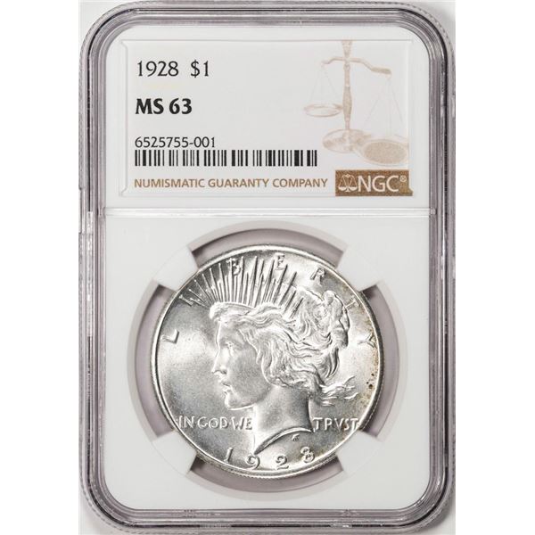 1928 $1 Peace Silver Dollar Coin NGC MS63