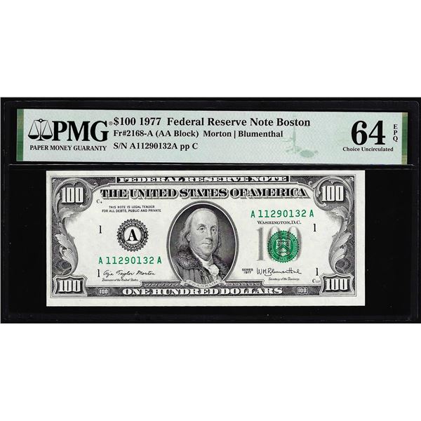 1977 $100 Federal Reserve Note Boston Fr.2168-A PMG Choice Uncirculated 64EPQ