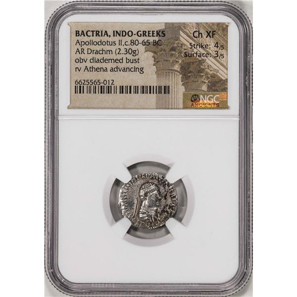 80-65 BC Bactria, Indo-Greeks Apollodotus II AR Drachm Ancient Coin NGC Ch XF