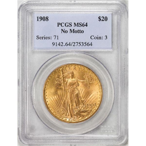 1908 No Motto $20 St. Gaudens Double Eagle Gold Coin PCGS MS64