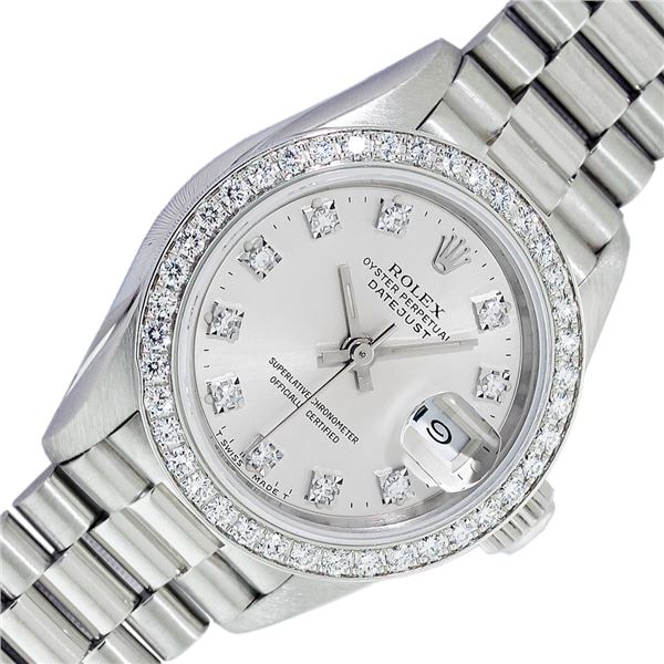 Rolex Ladies Platinum Factory Diamond President Wristwatch With Rolex Box