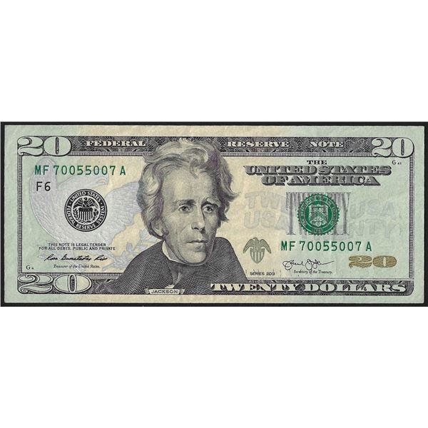 2013 $20 Federal Reserve Note Fancy Radar Serial Number