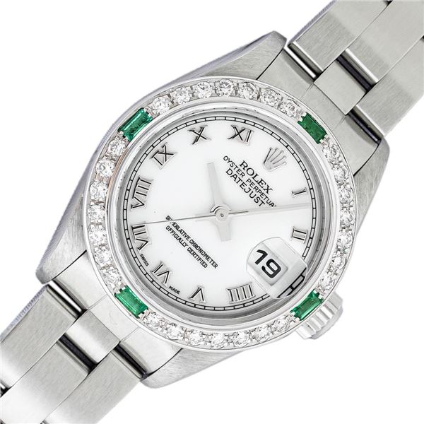 Rolex Ladies Stainless Steel White Roman Emerald and Diamond Datejust Wristwatch