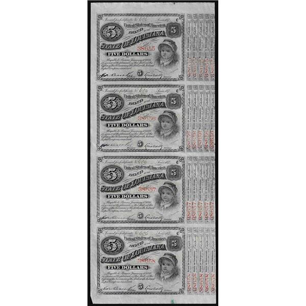 Uncut Sheet of (4) State of Louisiana Baby Bond Obsolete Notes