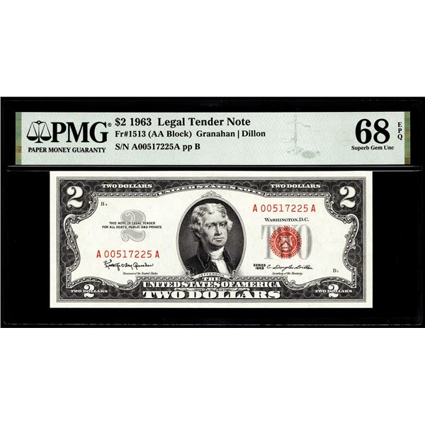 1963 $2 Legal Tender Note Fr.1513 PMG Superb Gem Uncirculated 68EPQ