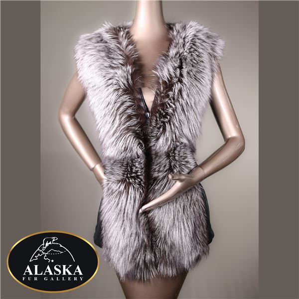 FUR - BLACK QUILTED LAMB LEATHER VEST W/ NATURAL SILVER FOX TUXEDO COLLAR AND BELTED SIDES