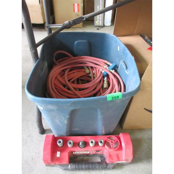 Air Hose Regulator & Tote of Air Hoses