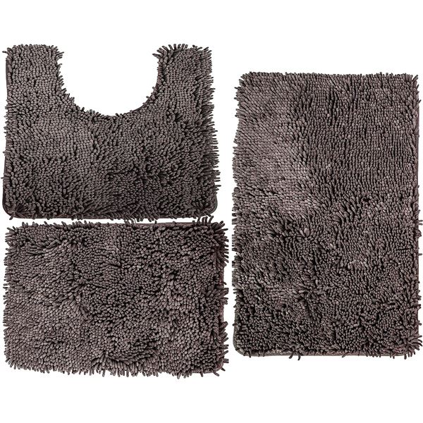 NEW 3 PIECE CHENILLE SHAG BATH MAT SET, GREY