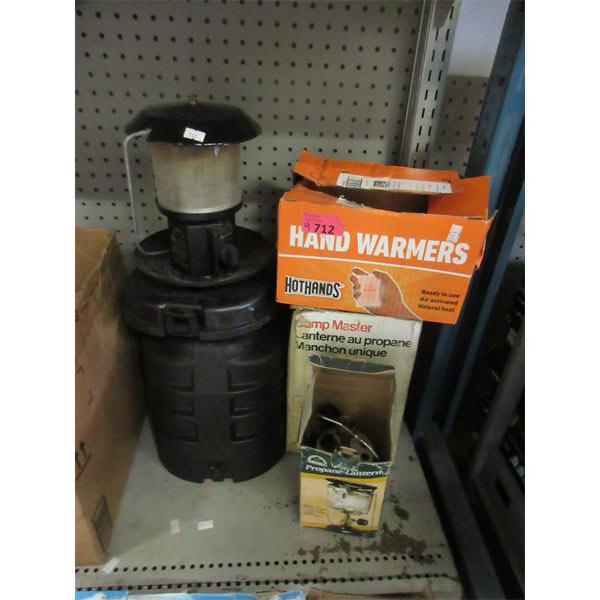 3 Assorted Camping Lanterns & Box of Hand Warmers