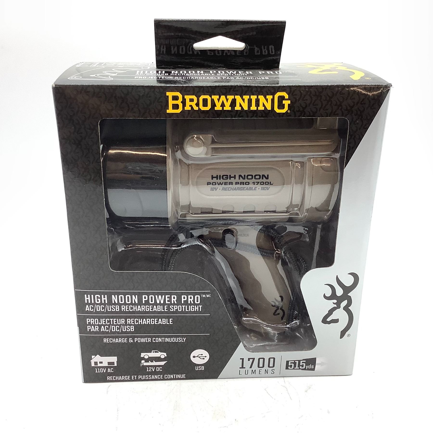 thumbnail interactive-video image 1 of Browning High Noon Long Distance Rechargeable Spotlight – 850 Lumens, Black (Model 7765) 1 of 3