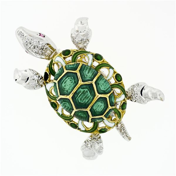 Vintage 18k Two Tone Gold 0.46 ctw Diamond Ruby Eye Enamel Turtle Tortoise Brooc