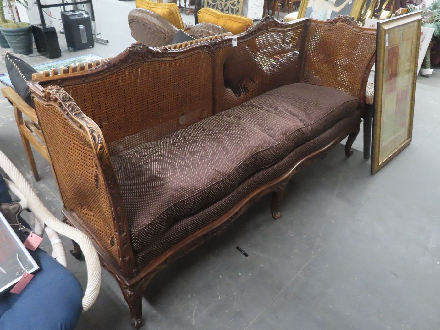 Rush Back Rush Back Carved Wood Padded Bench _ Damage to Rush Back