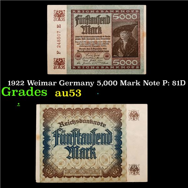 1922 Weimar Germany 5,000 Mark Note P: 81D Grades Select AU