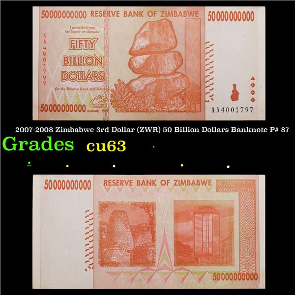 2007-2008 Zimbabwe 3rd Dollar (ZWR) 50 Billion Dollars Banknote P# 87 Grades Select CU