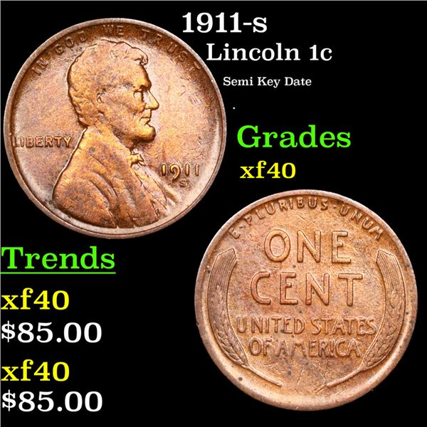 1911-s Lincoln Cent 1c Grades xf
