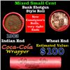 Image 1 : Mixed small cents 1c orig shotgun roll, Wheat Cent, 1903 Indian Cent other end, Coca Cola Brandt Wra