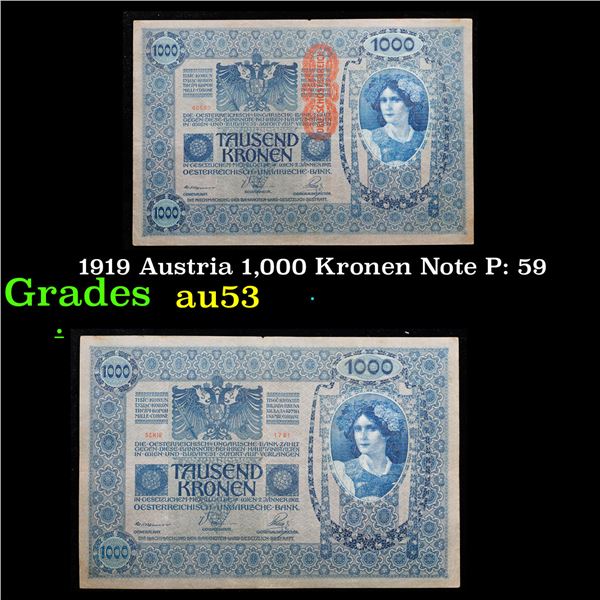 1919 Austria 1,000 Kronen Note P: 59 Grades Select AU
