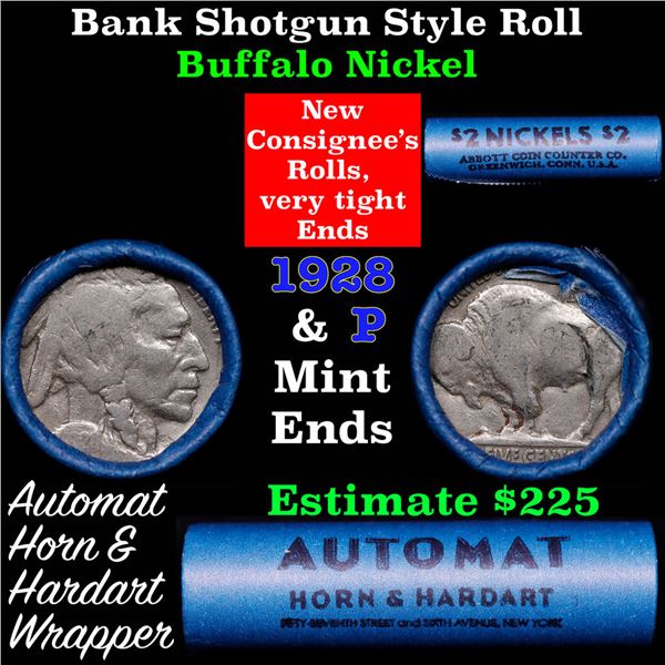 Buffalo Nickel Shotgun Roll in Old Bank Style 'Abbott Coin Counter AutoMat' Wrapper 1928 & p Mint En