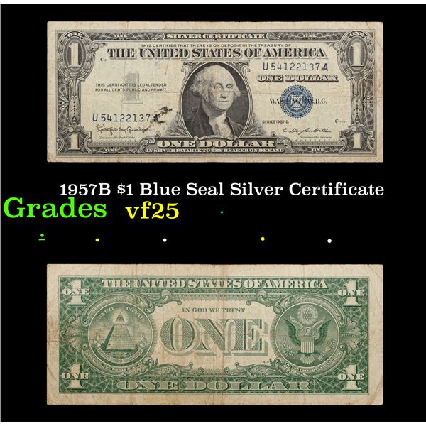1957B $1 Blue Seal Silver Certificate Grades vf+