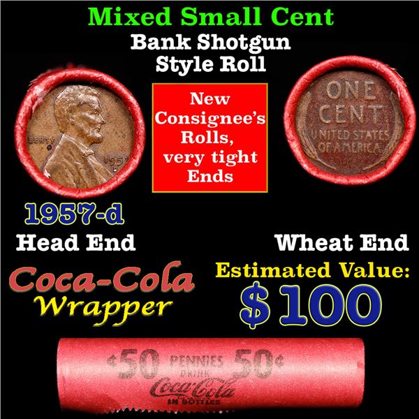 Mixed small cents 1c orig shotgun roll, 1957-d Lincoln Cent, Wheat Cent other end, Coca Cola Brandt 