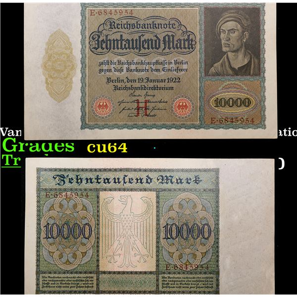 1922 Germany "Vampire" 10,000 Marks Post-WWI Hyperinflation Banknote P# 70 Grades Choice CU