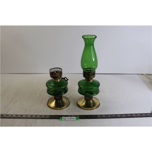 (2) Green Oil Lamps (1 with Chimney)