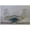 Image 1 : Heavy Glass Dish w/Glass Beads - (2) Oil Lamp Chimney