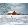 Image 2 : Framed acrylic on canvas painting of a winter farm scene, signed by artist Everet Woodson, 20" X 24"