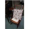 Image 1 : Vintage nursing rocker with needlepoint upholstered seat and a modern 19" high wine table