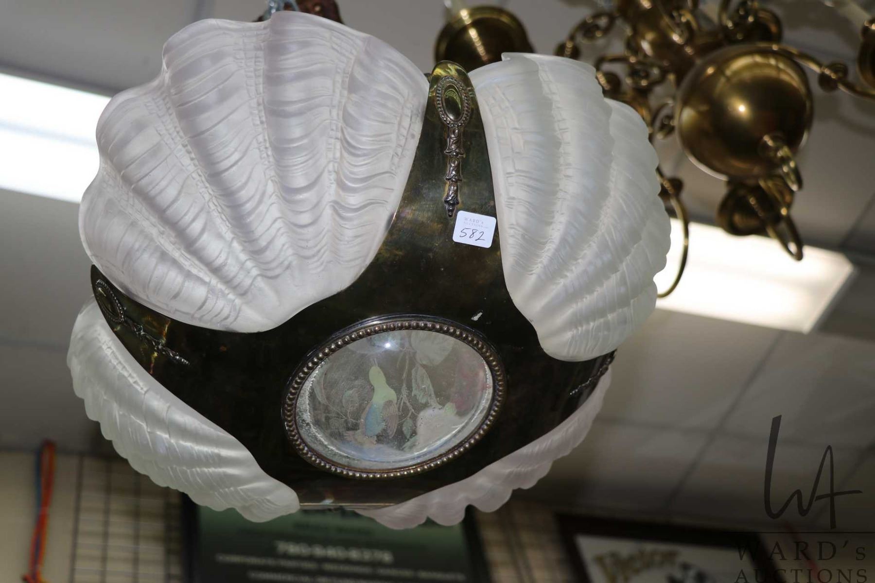 Vintage four panel Art deco shell motif ceiling fixture, 18
